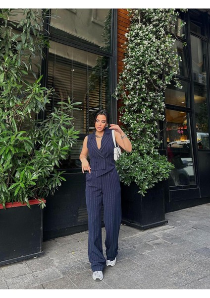 Kadın Çizgili Asimetrik Kesim Yelek Palazzo Pantolon Takım Elbise fırsatları