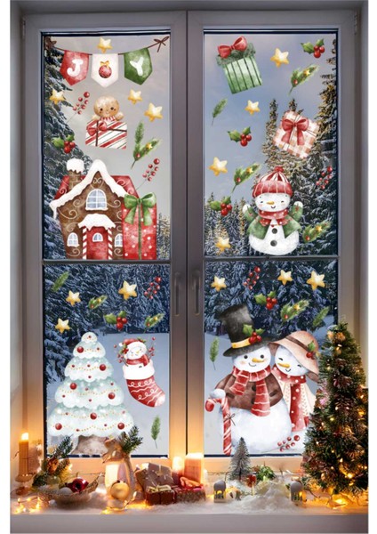 Sevimli Kardan Adam Ailesi Sticker Seti, Yılbaşı Sticker Seti, Yılbaşı Pencere ve Duvar Dekorasyon Sticker Seti