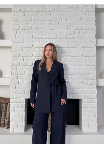 Kadın Yandan Bağlamalı Ikili Kuşaklı Blazer Ceket Pantolon Takım fiyatları