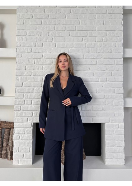 Kadın Yandan Bağlamalı Ikili Kuşaklı Blazer Ceket Pantolon Takım modelleri