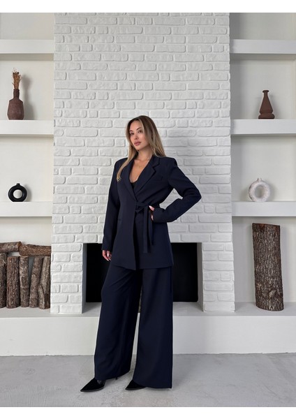 Kadın Yandan Bağlamalı Ikili Kuşaklı Blazer Ceket Pantolon Takım indirimleri