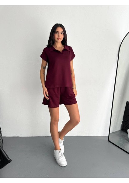 Kadın Modal Kumaş Polo Yaka T-Shirt Şortlu Takım