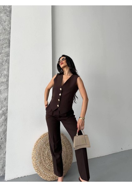 Kadın Alt Üst Takım Şık Taş Düğme Detaylı Premium Yelek Pantolon Ikili Takım Elbise modelleri