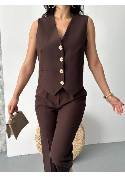 Kadın Alt Üst Takım Şık Taş Düğme Detaylı Premium Yelek Pantolon Ikili Takım Elbise