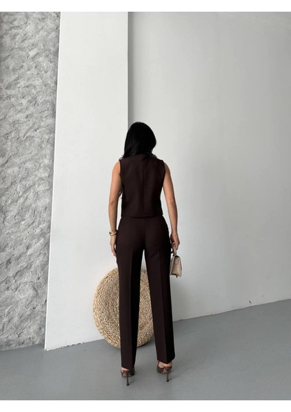 Kadın Alt Üst Takım Şık Taş Düğme Detaylı Premium Yelek Pantolon Ikili Takım Elbise