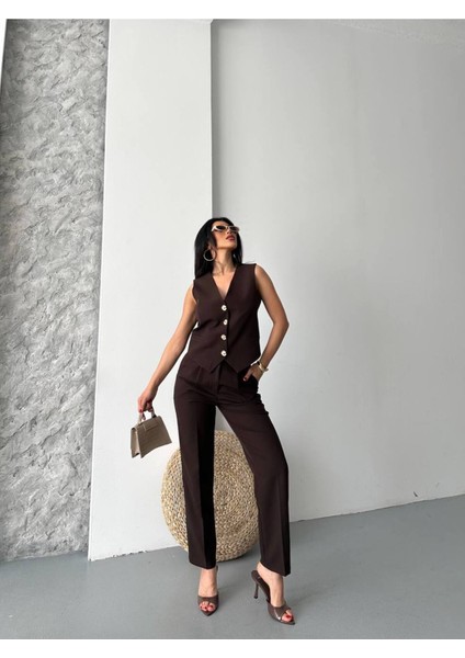 Kadın Alt Üst Takım Şık Taş Düğme Detaylı Premium Yelek Pantolon Ikili Takım Elbise