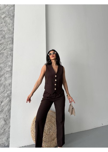 Kadın Alt Üst Takım Şık Taş Düğme Detaylı Premium Yelek Pantolon Ikili Takım Elbise fiyatları