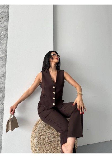 Kadın Alt Üst Takım Şık Taş Düğme Detaylı Premium Yelek Pantolon Ikili Takım Elbise fırsatları