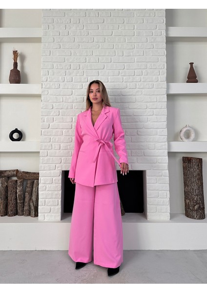 Kadın Yandan Bağlamalı Ikili Kuşaklı Blazer Ceket Pantolon Takım fırsatları