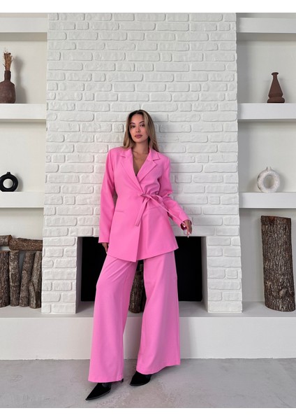 Kadın Yandan Bağlamalı Ikili Kuşaklı Blazer Ceket Pantolon Takım indirimleri