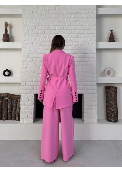 Kadın Yandan Bağlamalı Ikili Kuşaklı Blazer Ceket Pantolon Takım