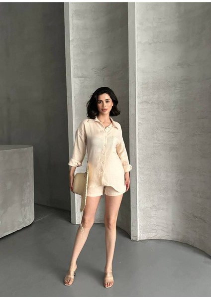 Kadın Keten Görünümlü Yazlık Gömlek Şort Ikili Takım