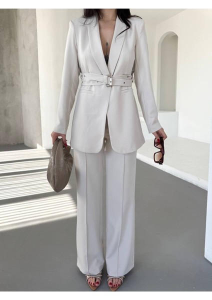 Kadın Ikili Kemer Detay Ceket Palazzo Pantolon Premium Takım Elbise