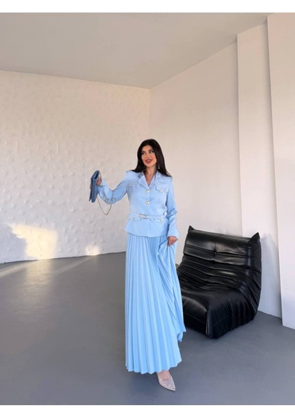 Kadın Kemerli Gold Düğmeli Premium Ceket Pileli Uzun Etek Takım Elbise