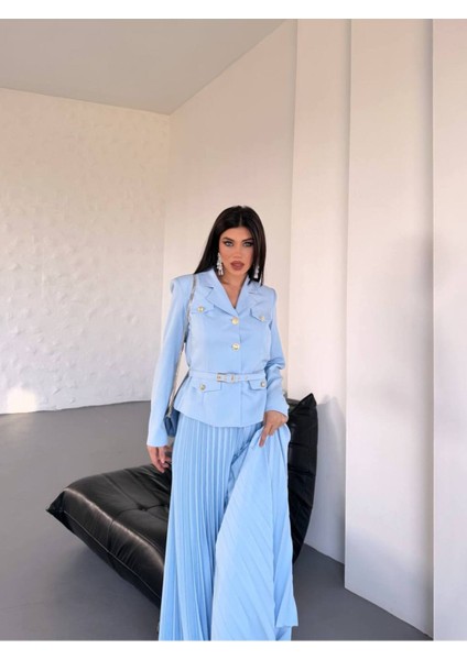 Kadın Kemerli Gold Düğmeli Premium Ceket Pileli Uzun Etek Takım Elbise modelleri