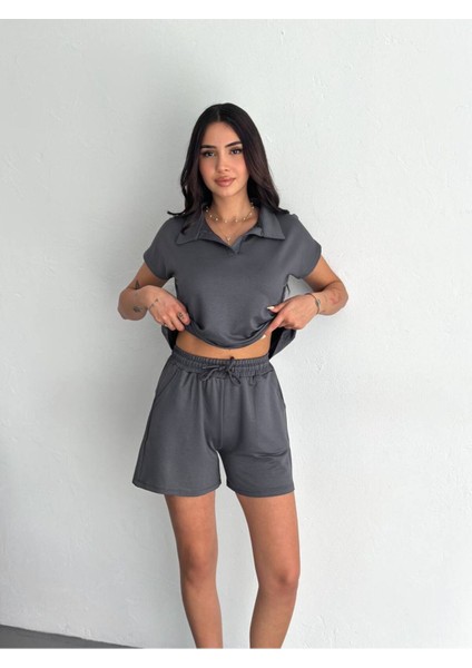 Kadın Modal Kumaş Polo Yaka T-Shirt Şortlu Takım