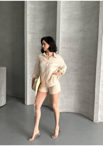 Kadın Keten Görünümlü Yazlık Gömlek Şort Ikili Takım modelleri