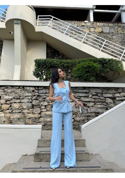 Kadın Düğmeli Yelek Pantolon Kare Yaka Takım fiyatları