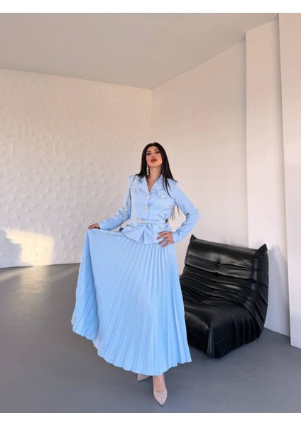 Kadın Kemerli Gold Düğmeli Premium Ceket Pileli Uzun Etek Takım Elbise