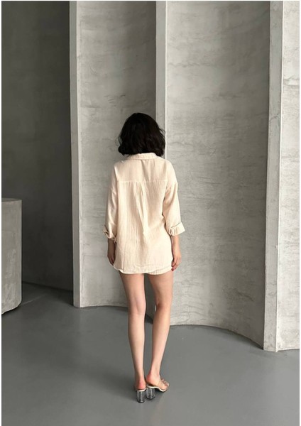 Kadın Keten Görünümlü Yazlık Gömlek Şort Ikili Takım indirimleri