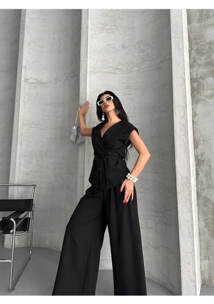 Kadın Kuşaklı Yelekli Palazzo Pantolonlu Takım Elbise modelleri