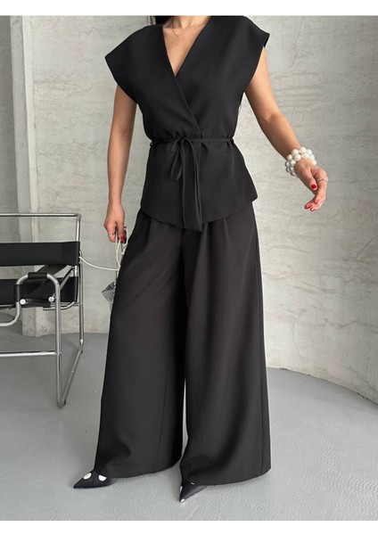 Kadın Kuşaklı Yelekli Palazzo Pantolonlu Takım Elbise