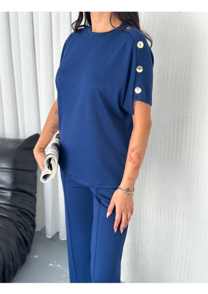 Kadın Modal Kumaş Kısa Kollu T-Shirt Düğme Detaylı Eşofman Takımı modelleri