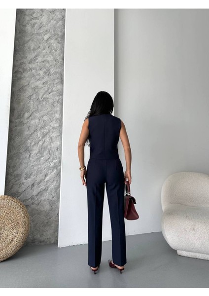 Kadın Alt Üst Takım Şık Taş Düğme Detaylı Premium Yelek Pantolon Ikili Takım Elbise