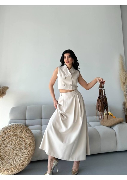 Kadın Alt Üst Takım Düğme Detaylı Premium Yelek Etek Ikili Takım Elbise