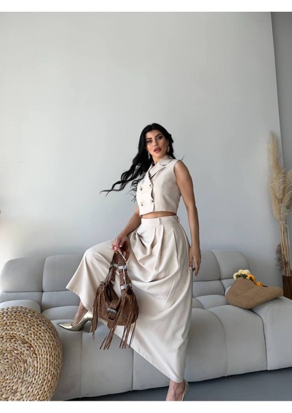 Kadın Alt Üst Takım Düğme Detaylı Premium Yelek Etek Ikili Takım Elbise modelleri