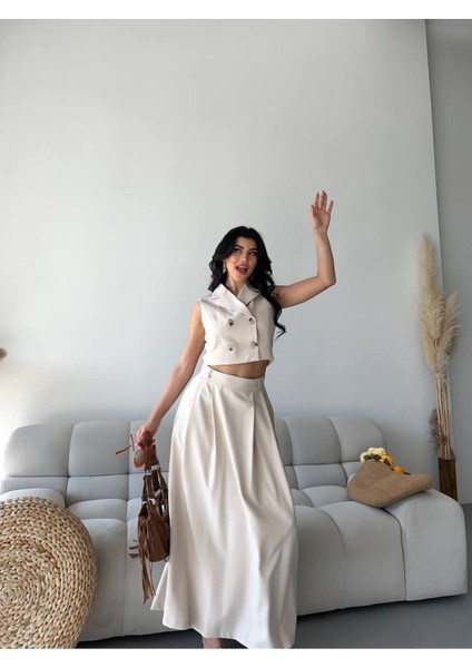 Kadın Alt Üst Takım Düğme Detaylı Premium Yelek Etek Ikili Takım Elbise fırsatları
