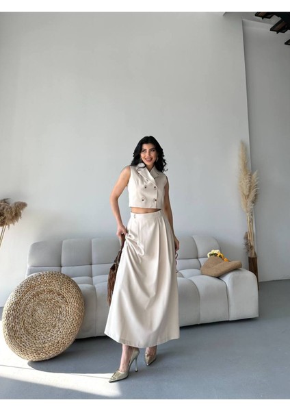 Kadın Alt Üst Takım Düğme Detaylı Premium Yelek Etek Ikili Takım Elbise