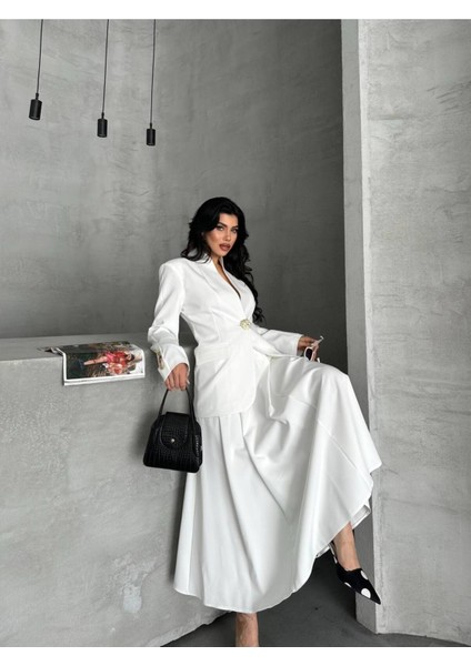 Kadın Gold Kurabiye Düğmeli Blazer Ceket Etek Takım Elbise modelleri