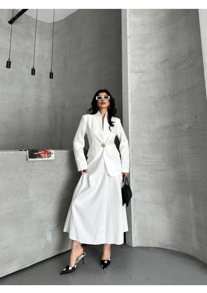 Kadın Gold Kurabiye Düğmeli Blazer Ceket Etek Takım Elbise fırsatları