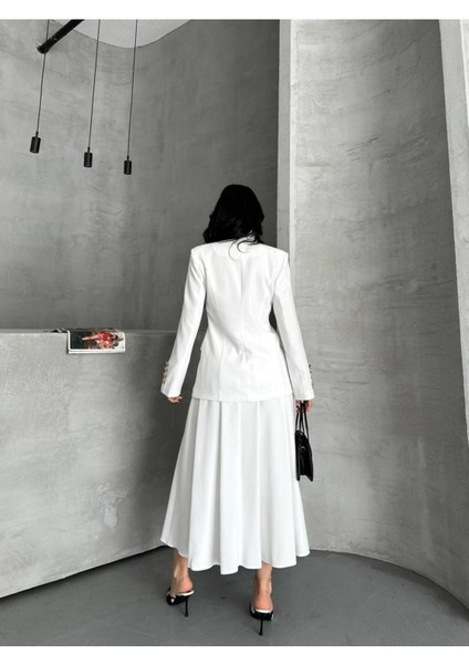 Kadın Gold Kurabiye Düğmeli Blazer Ceket Etek Takım Elbise