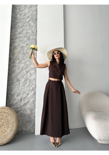 Kadın Alt Üst Takım Düğme Detaylı Premium Yelek Etek Ikili Takım Elbise fırsatları