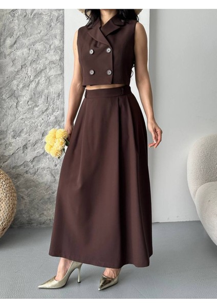 Kadın Alt Üst Takım Düğme Detaylı Premium Yelek Etek Ikili Takım Elbise