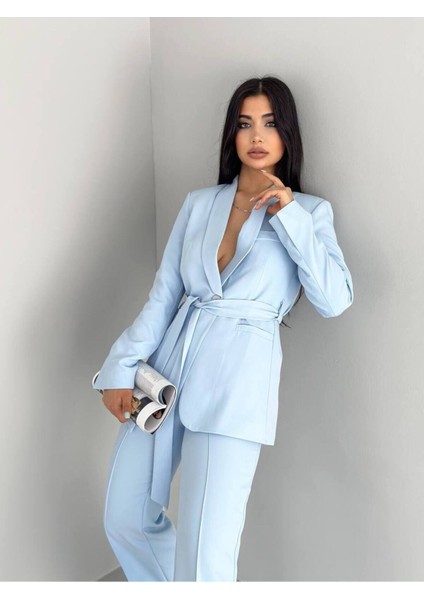 Bağlamalı Sahte Cepli Kemerli Şal Yaka Blazer Ceket Boru Paça Esnek Pantolon Takım Elbise