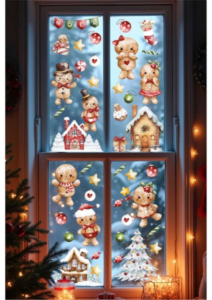 Sevimli Yılbaşı Kurabiyeleri Sticker Seti, Yılbaşı Sticker Seti, Yılbaşı Pencere ve Duvar Sticker Seti