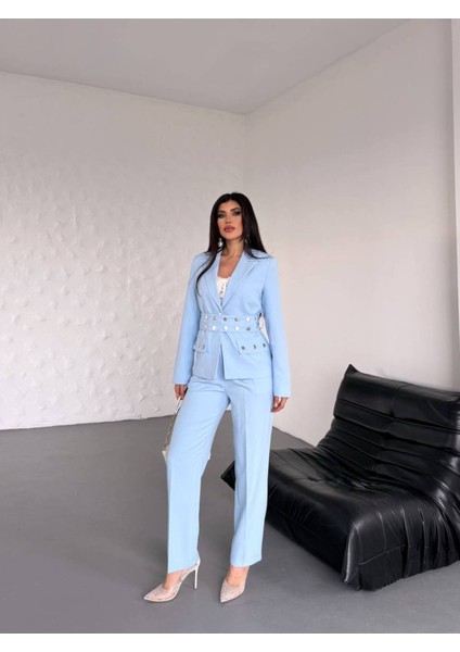 Kadın Zımba Kemer Detaylı Çıtçıtlı Cekete Palazzo Pantolon Şık Takım Elbise fiyatları