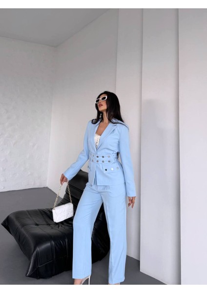 Kadın Zımba Kemer Detaylı Çıtçıtlı Cekete Palazzo Pantolon Şık Takım Elbise modelleri