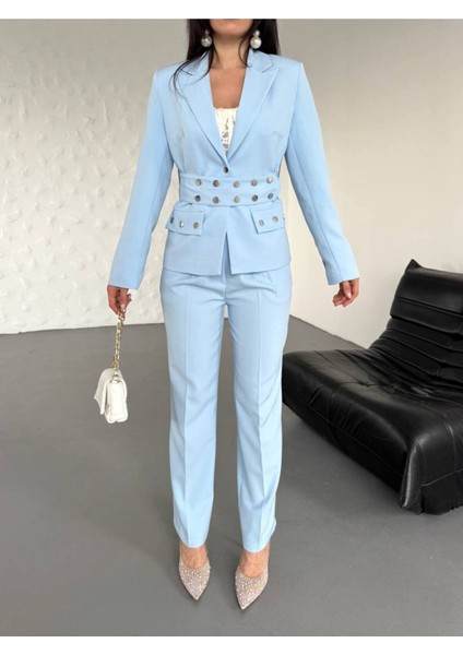 Kadın Zımba Kemer Detaylı Çıtçıtlı Cekete Palazzo Pantolon Şık Takım Elbise