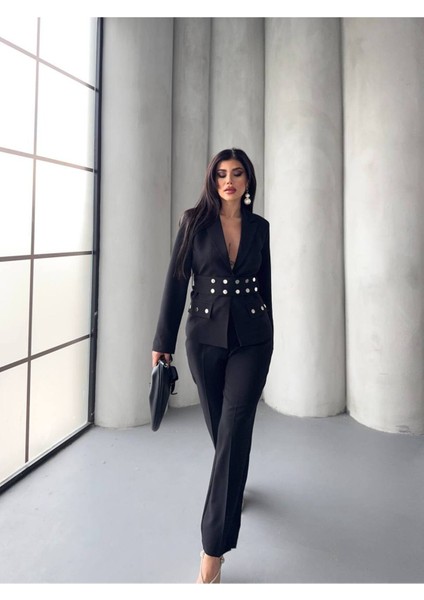 Kadın Zımba Kemer Detaylı Çıtçıtlı Cekete Palazzo Pantolon Şık Takım Elbise