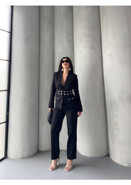 Kadın Zımba Kemer Detaylı Çıtçıtlı Cekete Palazzo Pantolon Şık Takım Elbise fiyatları