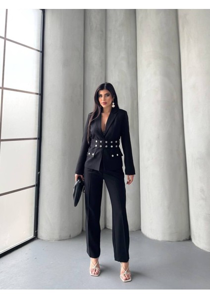 Kadın Zımba Kemer Detaylı Çıtçıtlı Cekete Palazzo Pantolon Şık Takım Elbise indirimleri