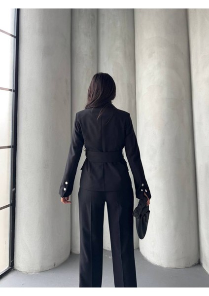 Kadın Zımba Kemer Detaylı Çıtçıtlı Cekete Palazzo Pantolon Şık Takım Elbise