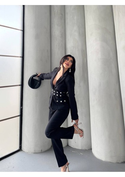 Kadın Zımba Kemer Detaylı Çıtçıtlı Cekete Palazzo Pantolon Şık Takım Elbise