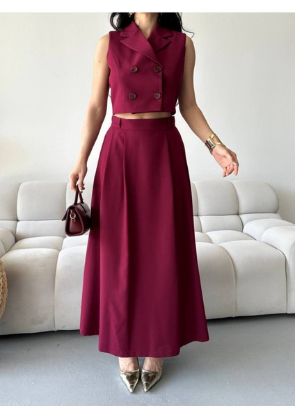 Kadın Alt Üst Takım Düğme Detaylı Premium Yelek Etek Ikili Takım Elbise