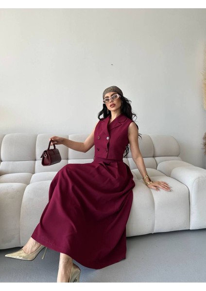 Kadın Alt Üst Takım Düğme Detaylı Premium Yelek Etek Ikili Takım Elbise