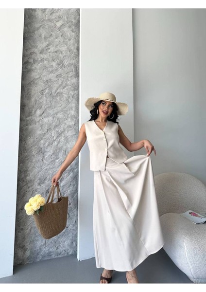 Kadın Alt Üst Takım Şık Düğme Detaylı Premium Yelek Etek Ikili Takım Elbise